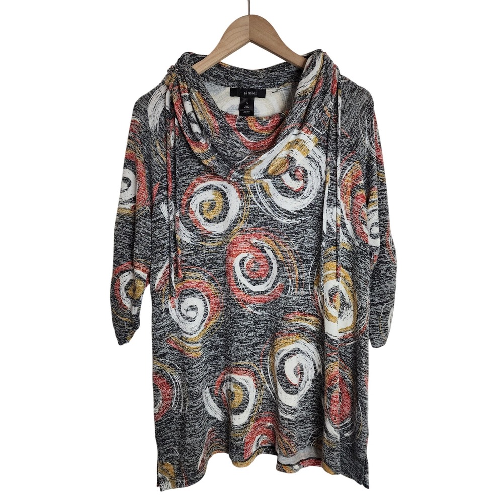 Ali Miles Tunic Top Womens PL Gray Red Yellow Swirl Cowl Neck 3/4 Sleeve
